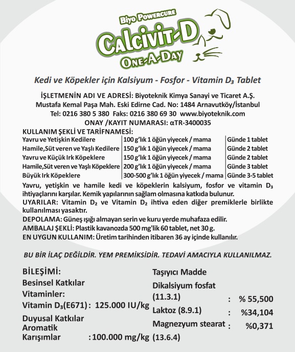 Biyoteknik Powercure CalcivitD One A Day Köpek ve Kedi Vitamini 60