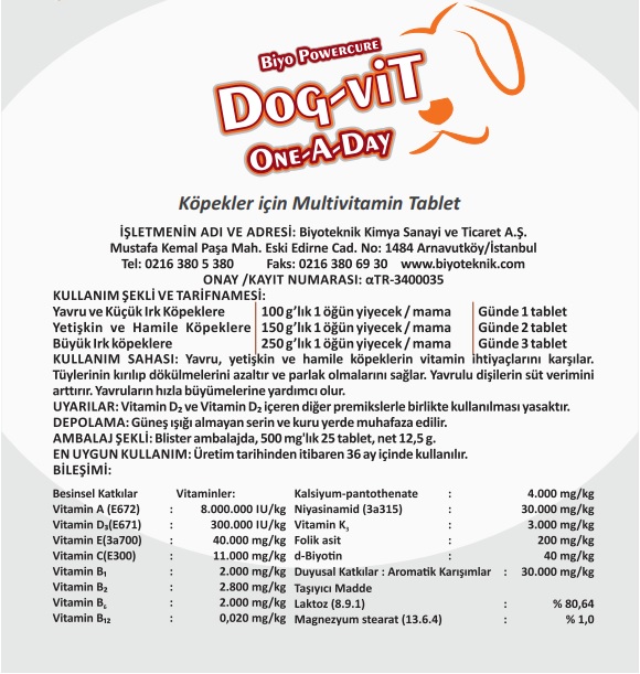 Biyoteknik Powercure DogVit One A Day Köpekler için Multivitamin 60
