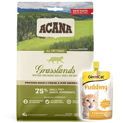 Acana - Acana Grasslands Ördek ve Bıldırcın Tahılsız Kedi Maması 1,8 Kg + Gimcat Kedi Pudingi 150 Gr