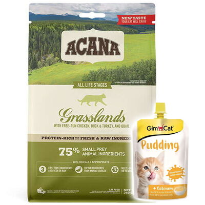 Acana Grasslands Ördek ve Bıldırcın Tahılsız Kedi Maması 1,8 Kg + Gimcat Kedi Pudingi 150 Gr