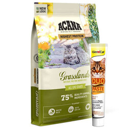 Acana - Acana Grasslands Ördek ve Bıldırcın Tahılsız Kedi Maması 4,5 Kg + GimCat Hairball Duo Paste Macun