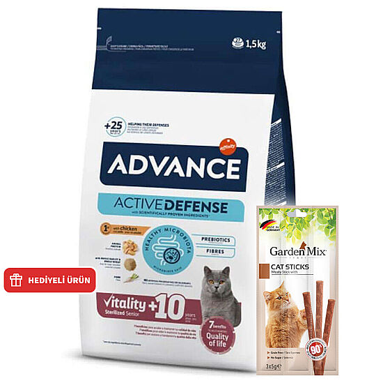 Advance +10 Sterilised Yaşlı Kısırlaştırılmış Kedi Maması 1,5 Kg + Garden Mix Kedi Stick Ödül 3x5 Gr - 1