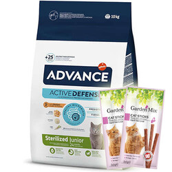 Advance - Advance Junior Kısırlaştırılmış Yavru Kedi Maması 10 Kg + 10 Adet Garden Mix Stick Kedi Ödülü