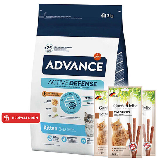Advance Kitten Yavru Tavuk Etli Kedi Maması 3 Kg + 3 Adet Garden Mix Kedi Stick Ödül 3x5 Gr - 1