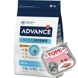 Advance - Advance Kitten Yavru Tavuk Etli Kedi Maması 3 Kg + 2 Adet Tomi Karidesli Pate 100 Gr Yaş Mama
