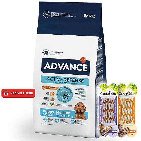 Advance Medium Puppy Tavuk Etli Yavru Köpek Maması 12 Kg + 4 Adet Garden Mix Burgu Kemik Ödül 70 Gr - 1
