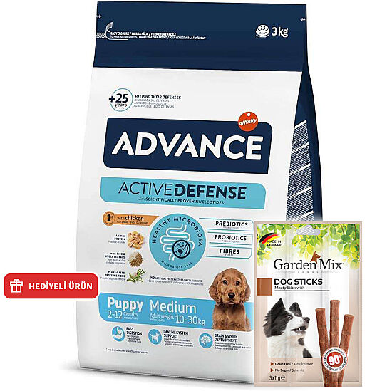 Advance Medium Puppy Tavuk Etli Yavru Köpek Maması 3 Kg + Garden Mix Köpek Stick Ödül 3x11 Gr - 1
