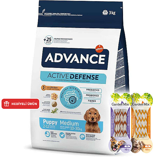 Advance Medium Puppy Tavuk Etli Yavru Köpek Maması 3 Kg + 2 Adet Garden Mix Burgu Kemik Ödül 70 Gr - 1