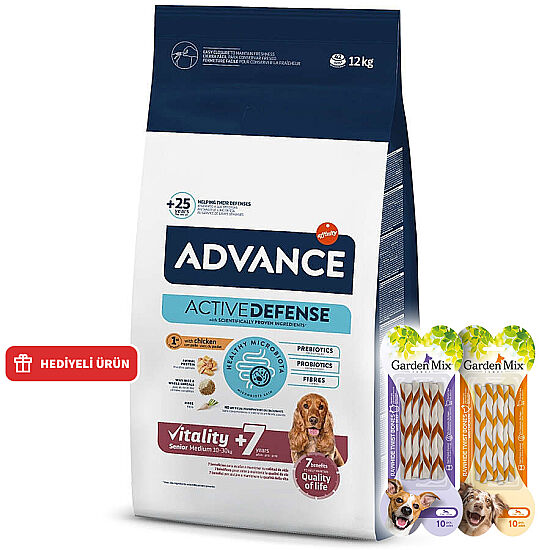 Advance Medium Senior Orta Irk Yaşlı Köpek Maması 12 Kg + 4 Adet Garden Mix Burgu Kemik Ödül 70 Gr - 1