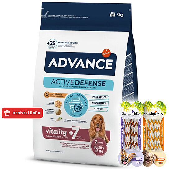 Advance Medium Senior Orta Irk Yaşlı Köpek Maması 3 Kg + 2 Adet Garden Mix Burgu Kemik Ödül 70 Gr - 1