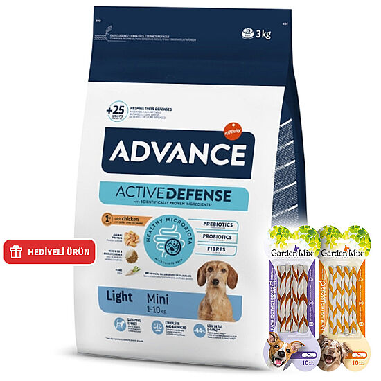 Advance Mini Light Tavuk Etli Küçük Irk Köpek Maması 3 Kg + 2 Adet Garden Mix Burgu Kemik Ödül 70 Gr - 1