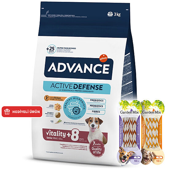 Advance Mini Senior Küçük Irk Yaşlı Köpek Maması 3 Kg + 2 Adet Garden Mix Burgu Kemik Ödül 70 Gr - 1