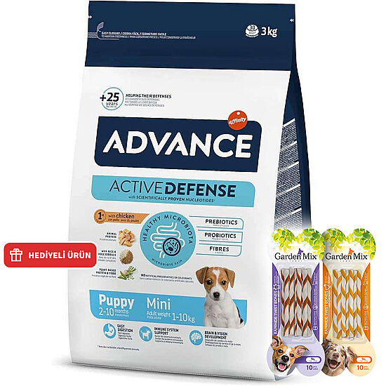 Advance Puppy Mini Küçük Irk Yavru Köpek Maması 3 Kg + 2 Adet Garden Mix Burgu Kemik Ödül 70 Gr - 1