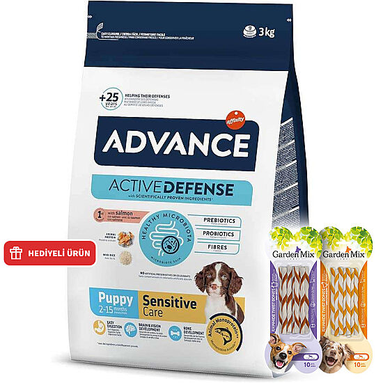 Advance Puppy Sensitive Somonlu Yavru Köpek Maması 3 Kg + 2 Adet Garden Mix Burgu Kemik Ödül 70 Gr - 1