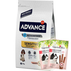 Advance - Advance Sensitive Hassas Deri Somon Köpek Maması 3 Kg + 5 Adet Garden Mix Stick Köpek Ödülü