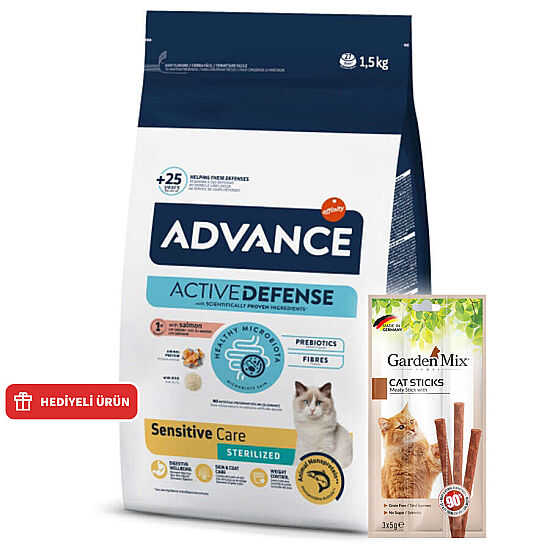 Advance Sensitive Kısırlaştırılmış Somonlu Kedi Maması 1,5 Kg + Garden Mix Kedi Stick Ödül 3x5 Gr - 1