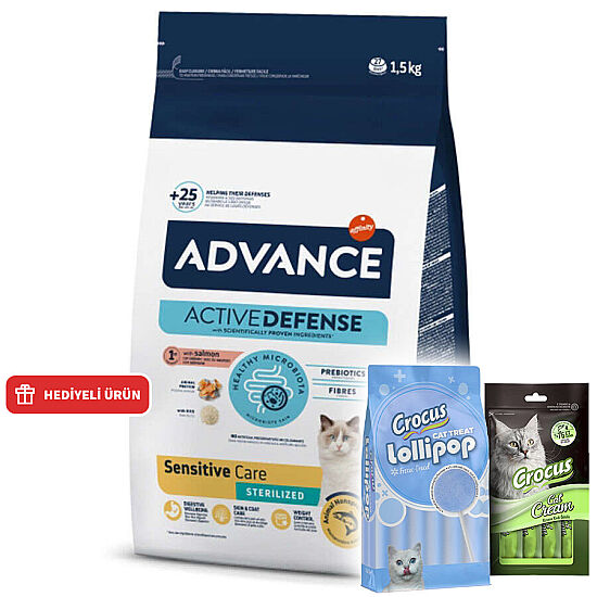 Advance Sensitive Kısırlaştırılmış Somonlu Kedi Maması 1,5 Kg + Crocus Krema 4x15 Gr + Crocus 10'lu Lolipop Ödül - 1