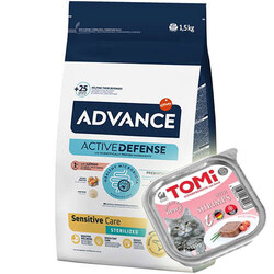 Advance - Advance Sensitive Kısırlaştırılmış Somonlu Kedi Maması 1,5 Kg + Tomi Karidesli Pate 100 Gr Yaş Mama