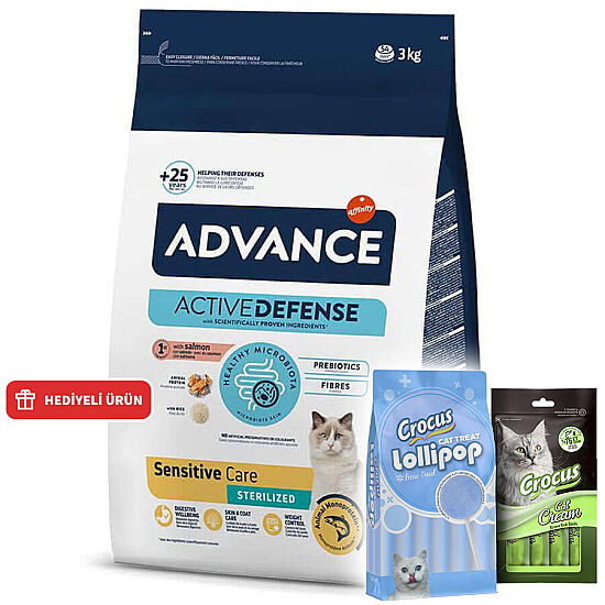 Advance Sensitive Kısırlaştırılmış Somonlu Kedi Maması 3 Kg + 2 Adet Crocus Krema 4x15 Gr + Crocus 10'lu Lolipop Ödül - 1