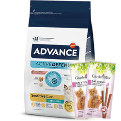 Advance - Advance Sensitive Kısırlaştırılmış Somonlu Kedi Maması 3 Kg + 5 Adet Garden Mix Stick Kedi Ödülü