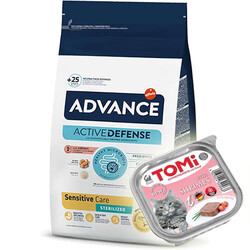 Advance - Advance Sensitive Kısırlaştırılmış Somonlu Kedi Maması 3 Kg + 2 Adet Tomi Karidesli Pate 100 Gr Yaş Mama