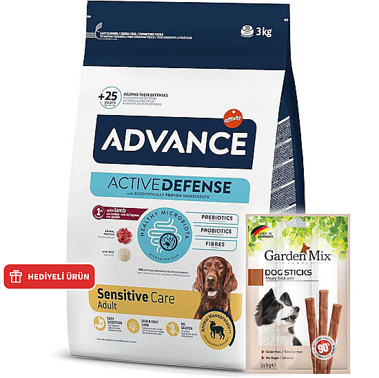 Advance Sensitive Lamb Kuzu Etli Köpek Maması 3 Kg + Garden Mix Köpek Stick Ödül 3x11 Gr - 1
