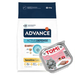 Advance - Advance Sensitive Somonlu Kedi Maması 10 Kg + 3 Adet Tomi Karidesli Pate 100 Gr Yaş Mama
