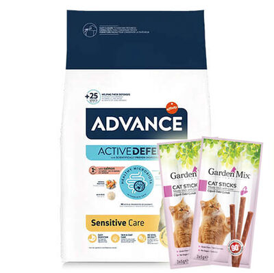 Advance Sensitive Somonlu Yetişkin Kedi Maması 3 Kg + 5 Adet Garden Mix Stick Kedi Ödülü
