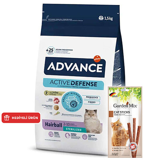 Advance Sterilised Hairball Kısırlaştırılmış Kedi Maması 1,5 Kg + Garden Mix Kedi Stick Ödül 3x5 Gr - 1