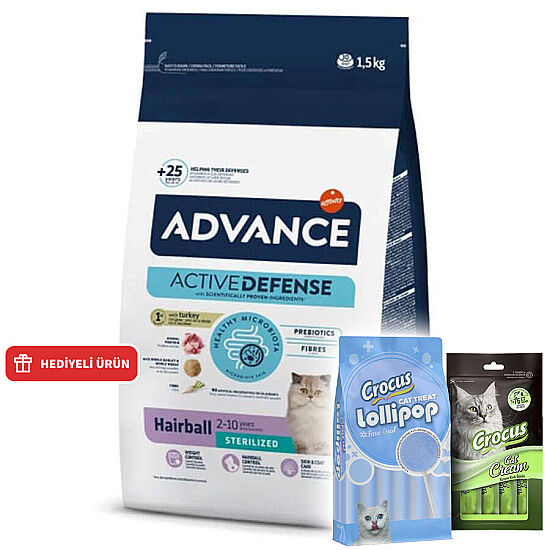 Advance Sterilised Hairball Kısırlaştırılmış Kedi Maması 1,5 Kg + Crocus Krema 4x15 Gr + Crocus 10'lu Lolipop Ödül - 1
