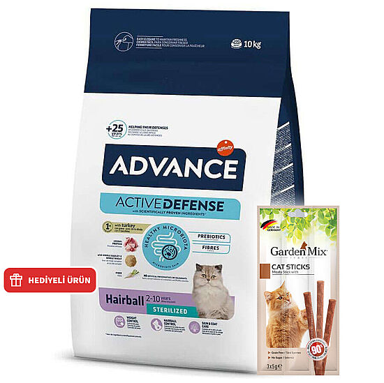 Advance Sterilised Hairball Kısırlaştırılmış Kedi Maması 10 Kg + 10 Adet Garden Mix Kedi Stick Ödül 3x5 Gr - 1