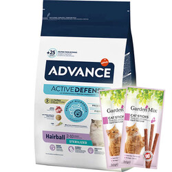 Advance - Advance Sterilised Hairball Kısırlaştırılmış Kedi Maması 10 Kg + 10 Adet Garden Mix Stick Kedi Ödülü