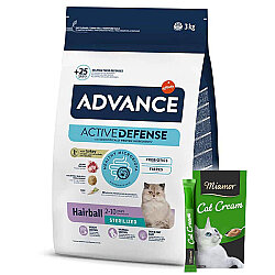 Advance Sterilised Hairball Kısırlaştırılmış Kedi Maması 3 Kg + 2 Adet Miamor Kedi Kreması 6 x 15 Gr - Advance