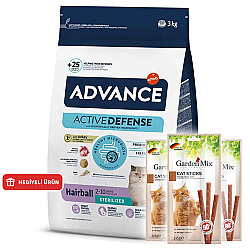 Advance Sterilised Hairball Kısırlaştırılmış Kedi Maması 3 Kg + 3 Adet Garden Mix Kedi Stick Ödül 3x5 Gr - Advance