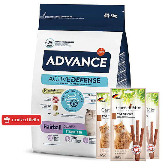 Advance Sterilised Hairball Kısırlaştırılmış Kedi Maması 3 Kg + 3 Adet Garden Mix Kedi Stick Ödül 3x5 Gr - 1