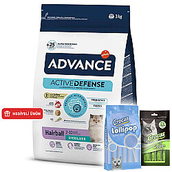 Advance Sterilised Hairball Kısırlaştırılmış Kedi Maması 3 Kg + 2 Adet Crocus Krema 4x15 Gr + Crocus 10'lu Lolipop Ödül - Advance