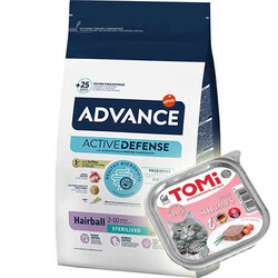 Advance - Advance Sterilised Hairball Kısırlaştırılmış Kedi Maması 3 Kg + 2 Adet Tomi Karidesli Pate 100 Gr Yaş Mama