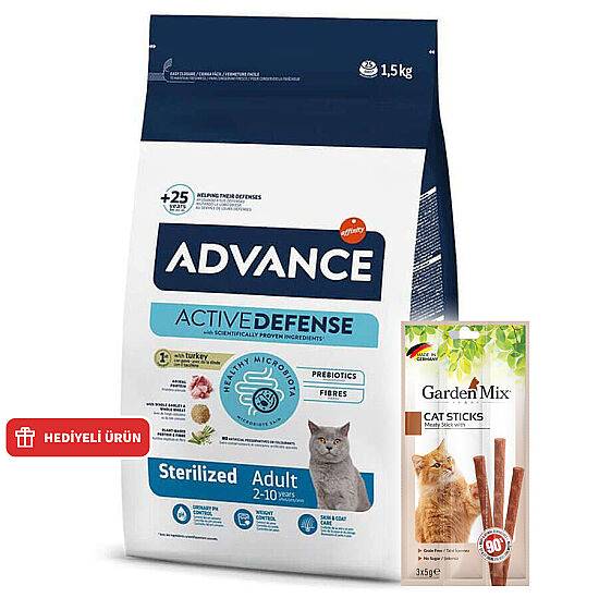 Advance Sterilized Kısırlaştırılmış Hindili Kedi Maması 1,5 Kg + Garden Mix Kedi Stick Ödül 3x5 Gr - 1