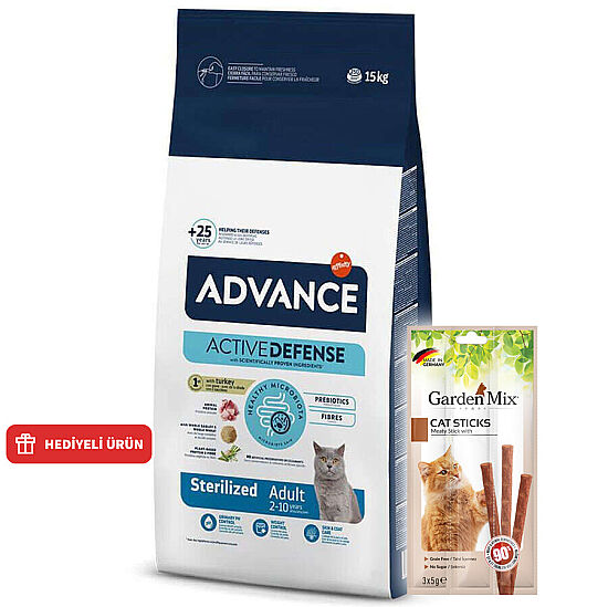 Advance Sterilized Kısırlaştırılmış Hindili Kedi Maması 15 Kg + 10 Adet Garden Mix Kedi Stick Ödül 3x5 Gr - 1