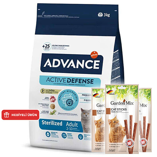 Advance Sterilized Kısırlaştırılmış Hindili Kedi Maması 3 Kg + 3 Adet Garden Mix Kedi Stick Ödül 3x5 Gr - 1