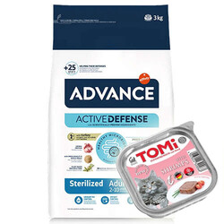Advance - Advance Sterilized Kısırlaştırılmış Hindili Kedi Maması 3 Kg + 2 Adet Tomi Karidesli Pate 100 Gr Yaş Mama