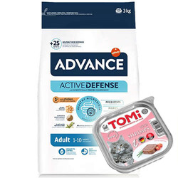 Advance - Advance Tavuklu ve Pirinçli Kedi Maması 3 Kg + 2 Adet Tomi Karidesli Pate 100 Gr Yaş Mama