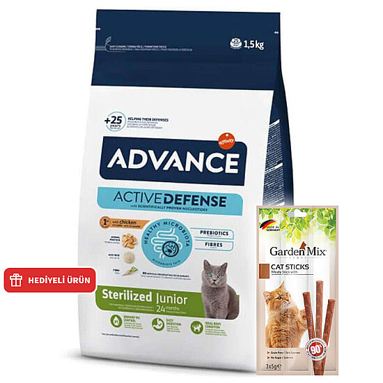 Advance Junior Kısırlaştırılmış Yavru Kedi Maması 1,5 Kg + Garden Mix Kedi Stick Ödül 3x5 Gr - 1