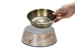 Beeztees DBL Köpek Mama Su Kabı, Mat Altın Rengi Paslanmaz Çelik, Bej Mermer Görünümlü, 22cm, 700ml - Thumbnail