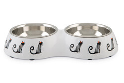 Beeztees Kedi İkili Mama ve Su Kabı, Paslanmaz Çelik, Beyaz, 27x14x4,5cm, 2x160ml - Beeztees