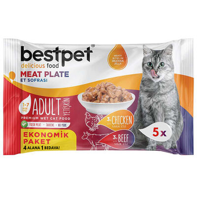 Bestpet Pouch Jelly Meat Plate Sığır ve Tavuk Etli Yetişkin Kedi Yaş Maması 5 Al 4 Öde (5 X 85 Gr)