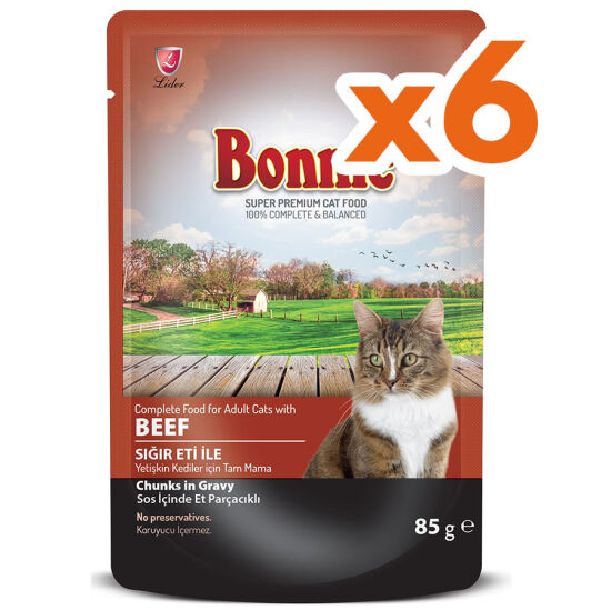 Bonnie Sos İçinde Et Parçacıklı Sığır Etli Kedi Yaş Maması 85 Gr x 6 Adet - 1