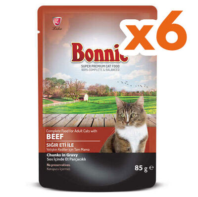 Bonnie Sos İçinde Et Parçacıklı Biftekli (Sığır Etli) Kedi Yaş Maması 85 Gr x 6 Adet