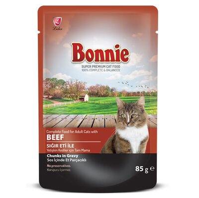 Bonnie Sos İçinde Et Parçacıklı Biftekli (Sığır Etli) Kedi Yaş Maması 85 Gr