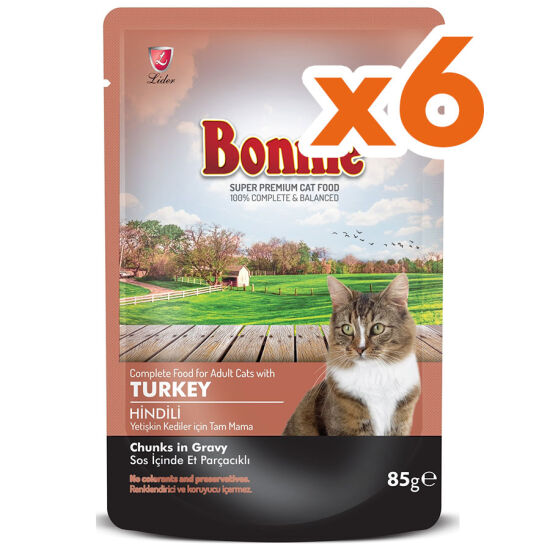 Bonnie Sos İçinde Et Parçacıklı Hindi Etli Kedi Yaş Maması 85 Gr x 6 Adet - 1